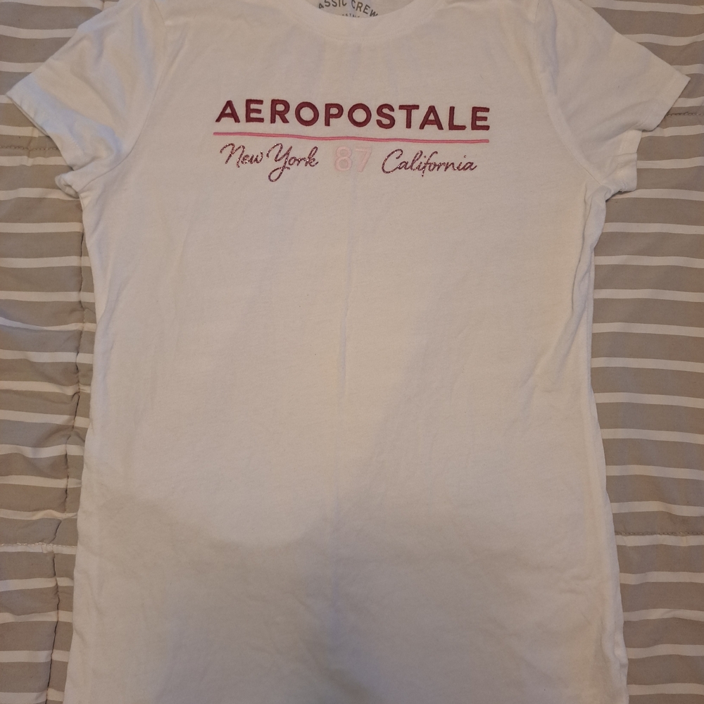Aeropostale White Tee with Pink and Red Embroidery